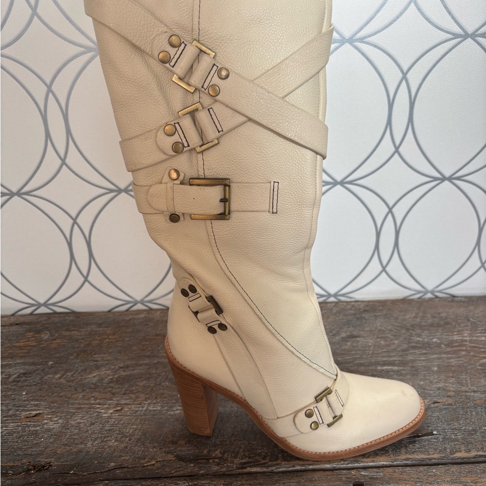 BCBGMaxAzria Cream Leather Knee-High Heeled Boots